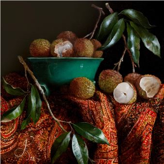 Still life with Lychees & Kashmir Shawl - Irfan Cheema