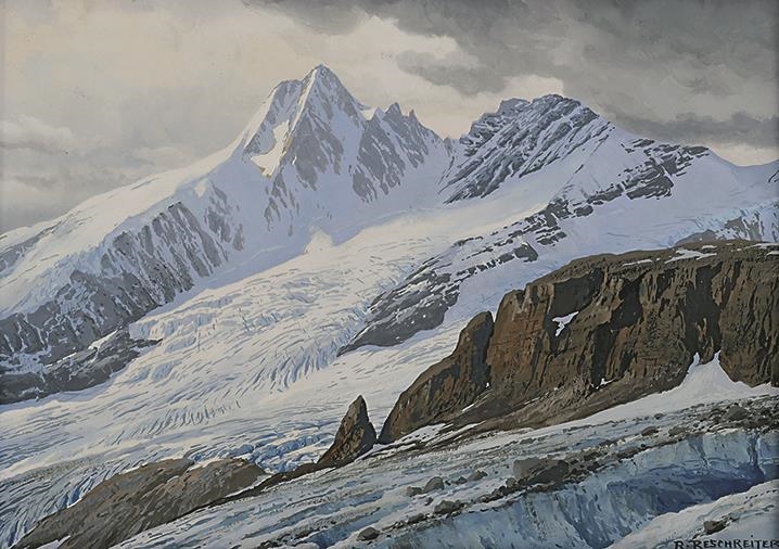 Artwork by Rudolf Reschreiter, Verschneiter Gipfel, Made of Gouache on cardboard