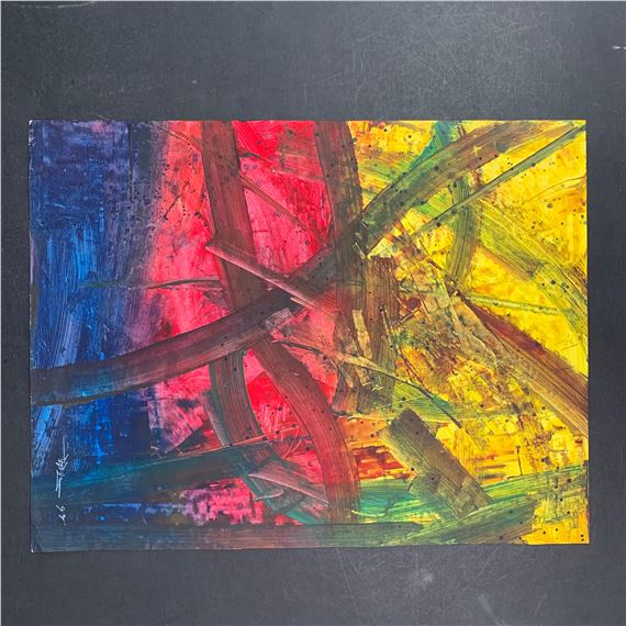An abstract composition of layered, intersecting brushstrokes in bold primary colors.