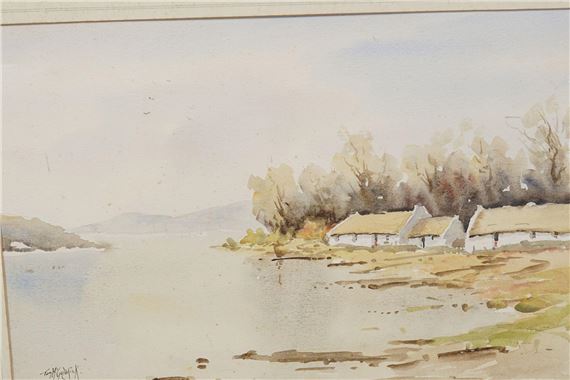 A watercolor landscape of a quiet lakeside village with thatched-roof cottages.