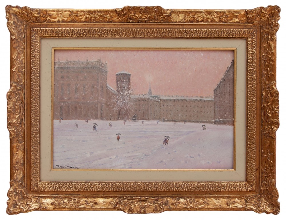 Artwork by Sergio Manfredi, Nevicata in Piazza Castello a Torino, Made of Oil on masonite