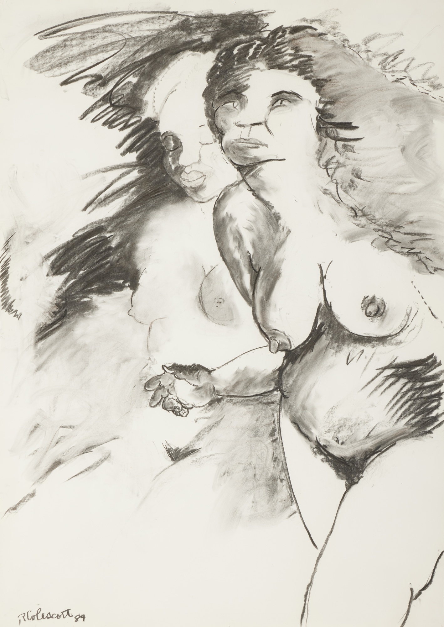 Artwork by Robert Colescott, Woman Fleeing from Her Youth, Made of charcoal on paper