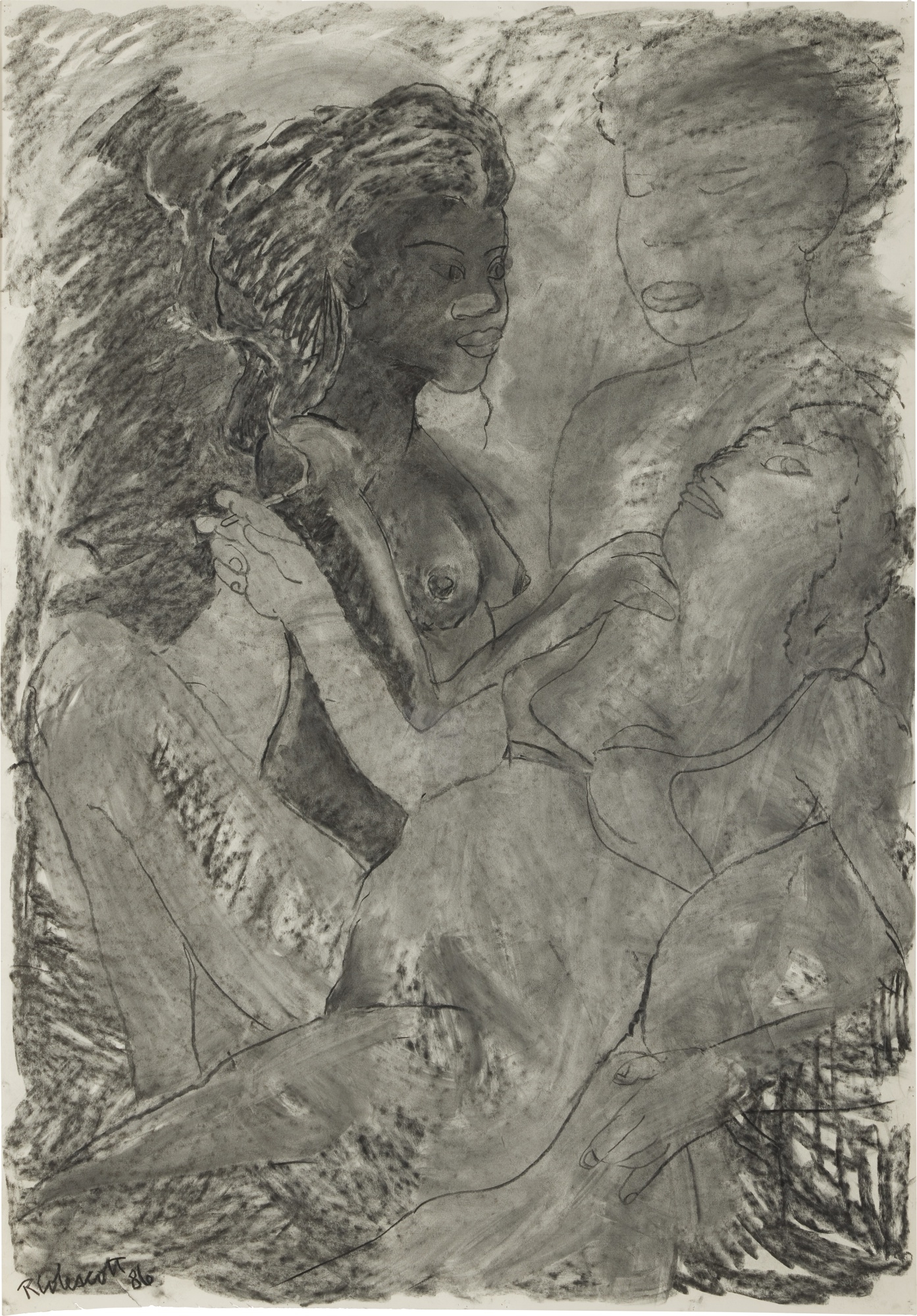 Artwork by Robert Colescott, Ladies in Waiting (Smoking), Made of charcoal on paper