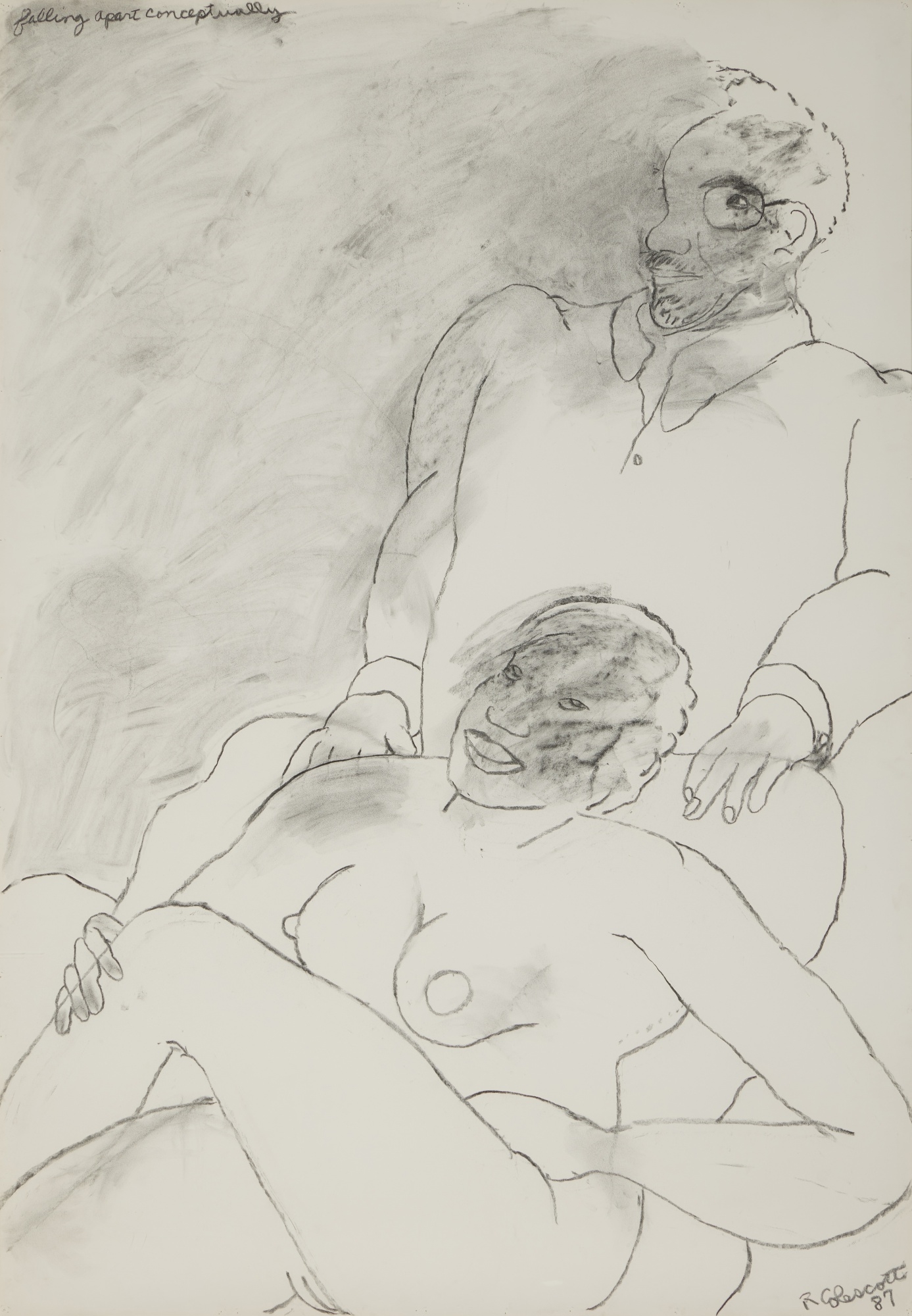 Artwork by Robert Colescott, Falling Apart Conceptually, Made of charcoal on paper