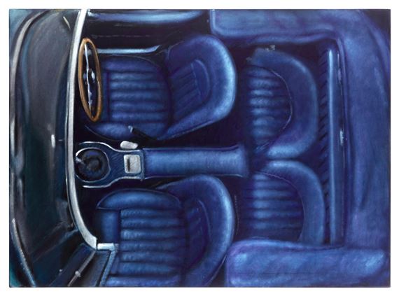 A top-down view of a car interior rendered in deep blues.