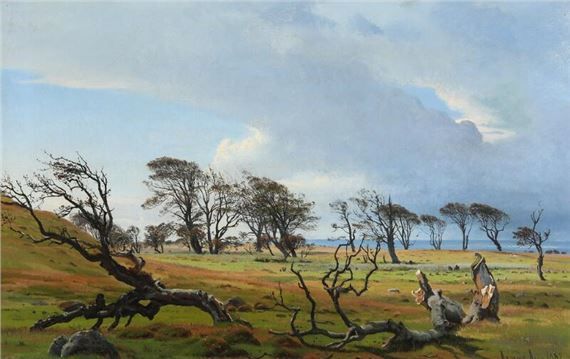 Landscape with windswept trees at Asnæs by Harald Frederik Foss, Aug. 1882