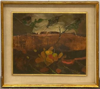 A still life painting featuring a large brown object and yellow flowers in a gold frame.