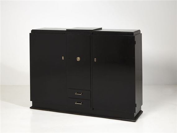 Black relacquered oak cabinet with a quadrangular box opening with three full doors in the front on shelves and two small central drawers in the lower part by Jules Leleu, 2007