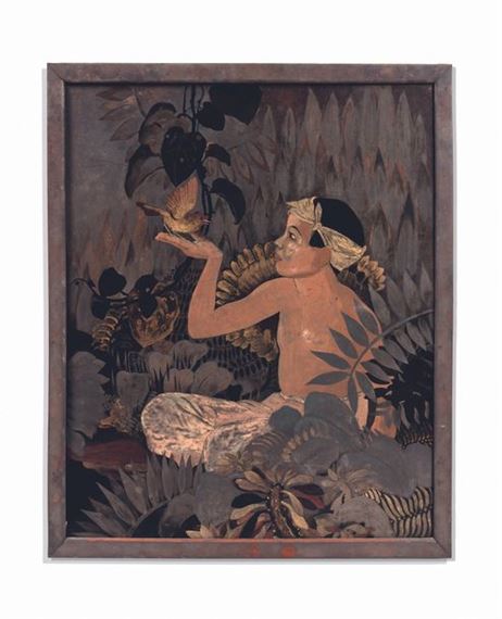 "Young boy with a golden bird by Lê Ph?, dated 1936