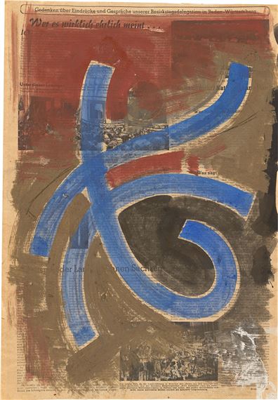 ”Blaues Zeichen aus drei Kurven, über oliv-braunem Grund”. by Hermann Glöckner, 1959