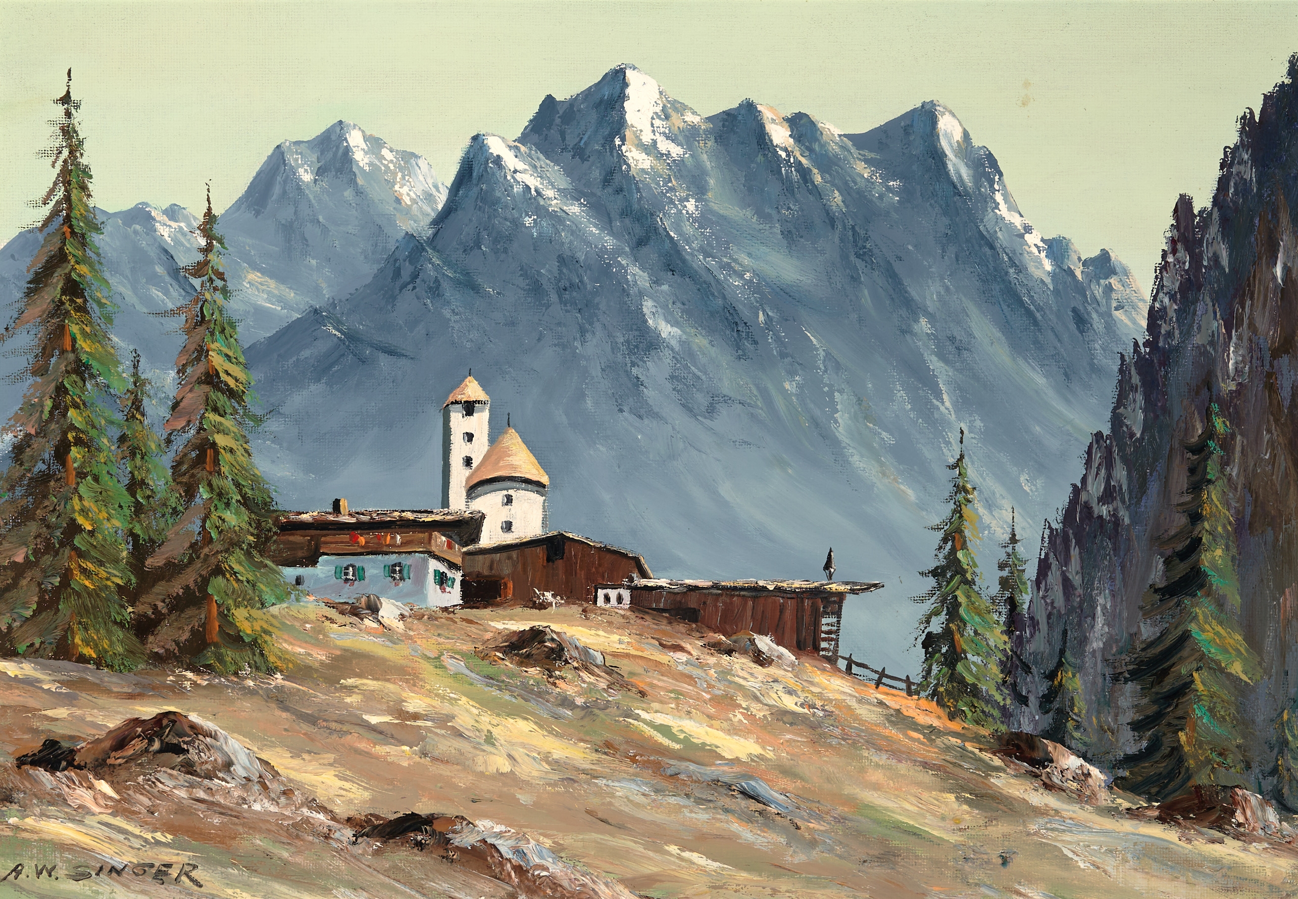 Artwork by Alfred William Singer, The Dolomites, Switzerland, Made of oil on canvas on board