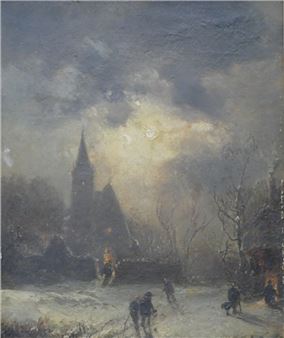 Winterlandschaft mit Personen im Hintergrund eine Kirche - Robert von Reichert