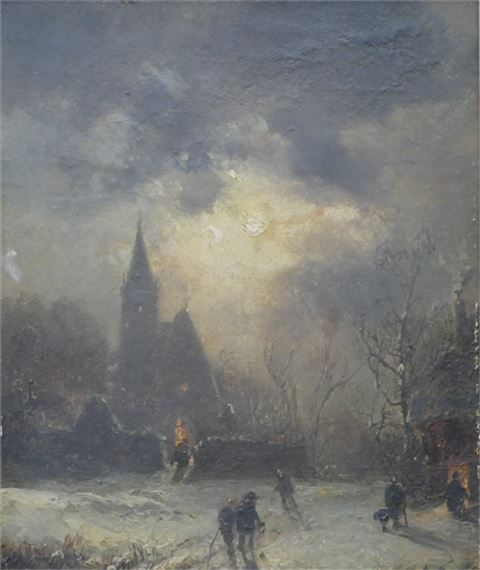 Winterlandschaft mit Personen im Hintergrund eine Kirche by Robert von Reichert