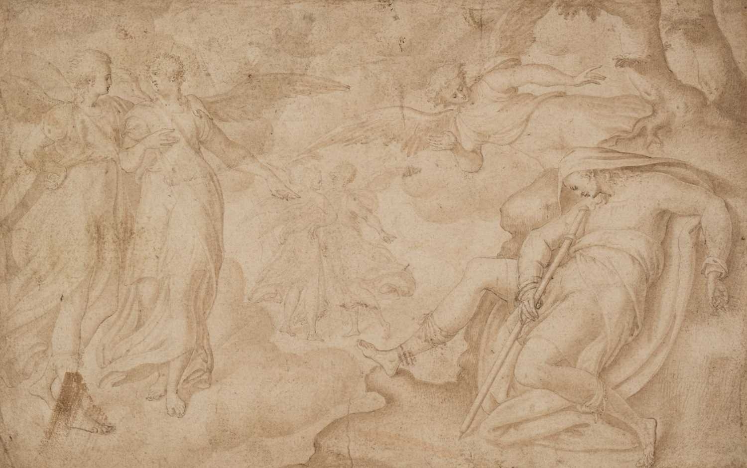 Artwork by Anthonie van‏ Blocklandt van Montfoort, Jacob's Dream; Study of two heads, Made of Pen and brown ink with wash; Red chalk on laid paper