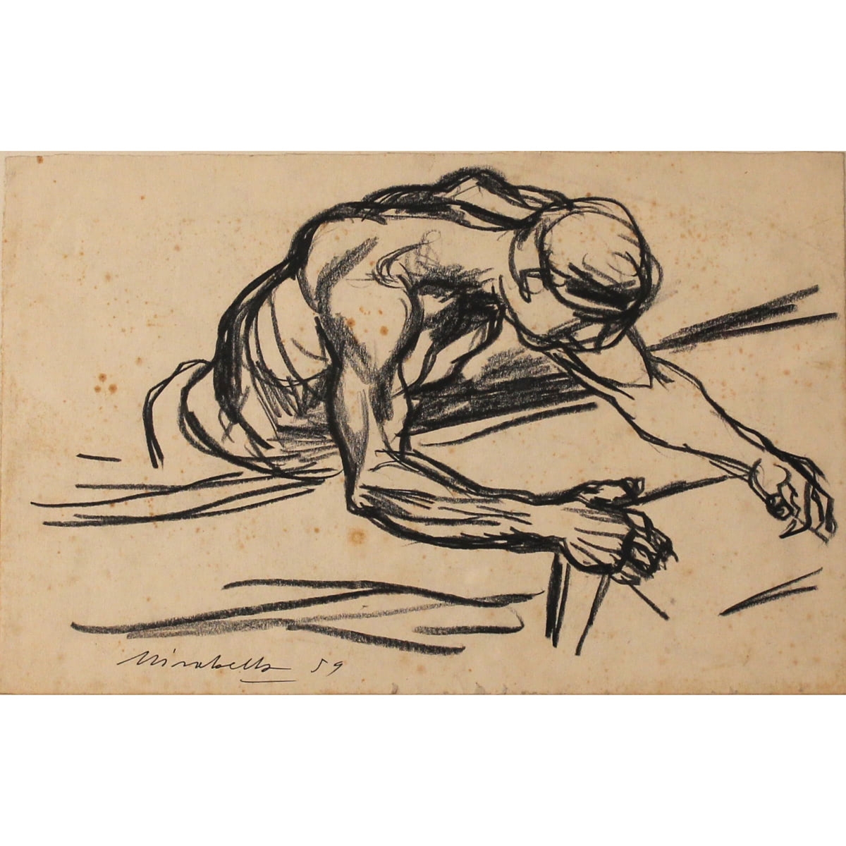 Artwork by Saro Mirabella, PESCATORE ALLO SPECCHIO/FISHERMAN WITH MIRROR, Made of Charcoal drawing on framed paper