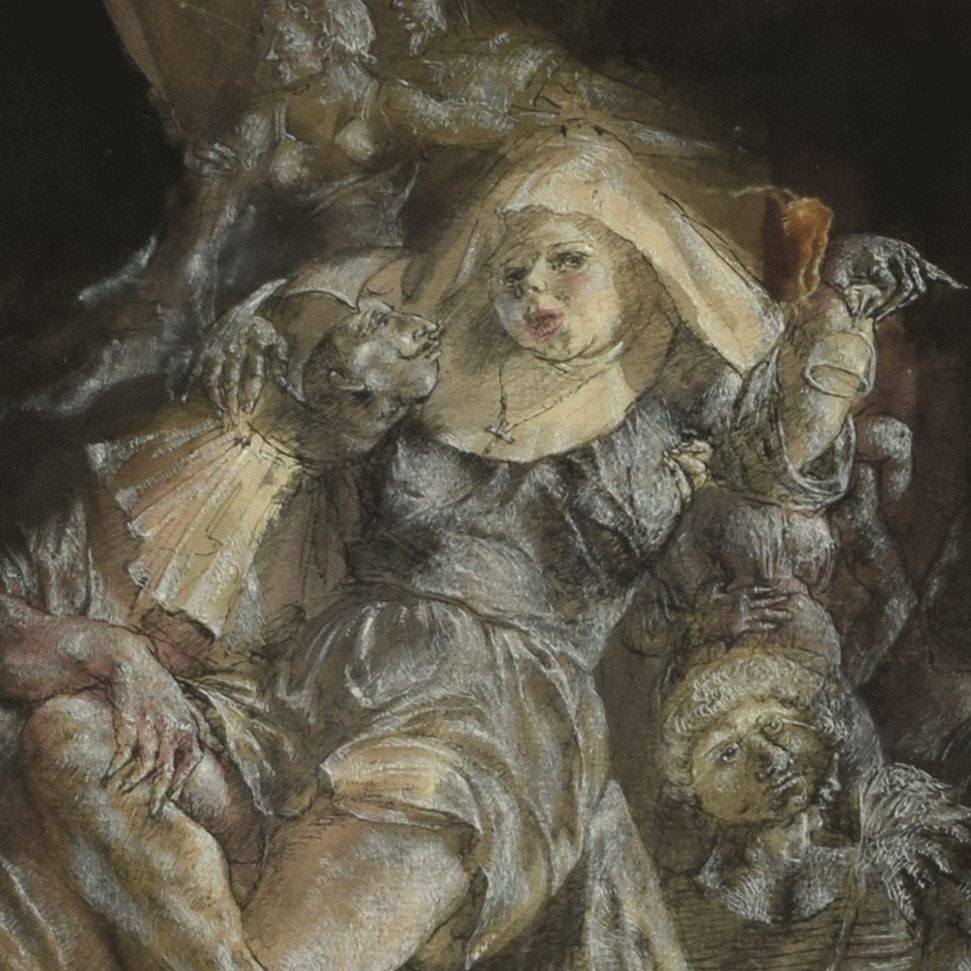 Artwork by Alexandra Müller-Jontschewa, FASTNACHTSZENE, Made of Mischtechnik aus Feder, Aquarell und Deckweiß auf braunem Papier