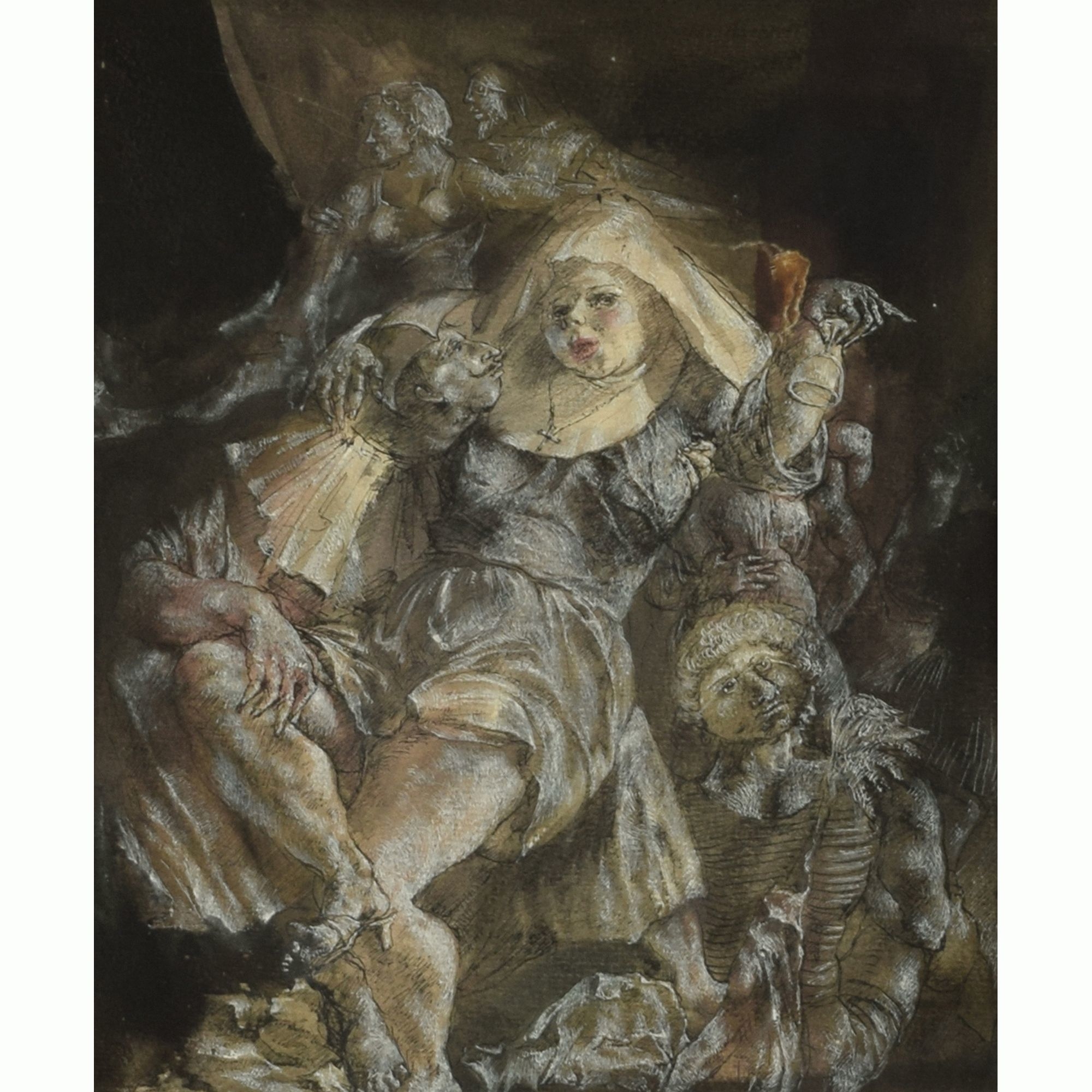 Artwork by Alexandra Müller-Jontschewa, FASTNACHTSZENE, Made of Mischtechnik aus Feder, Aquarell und Deckweiß auf braunem Papier