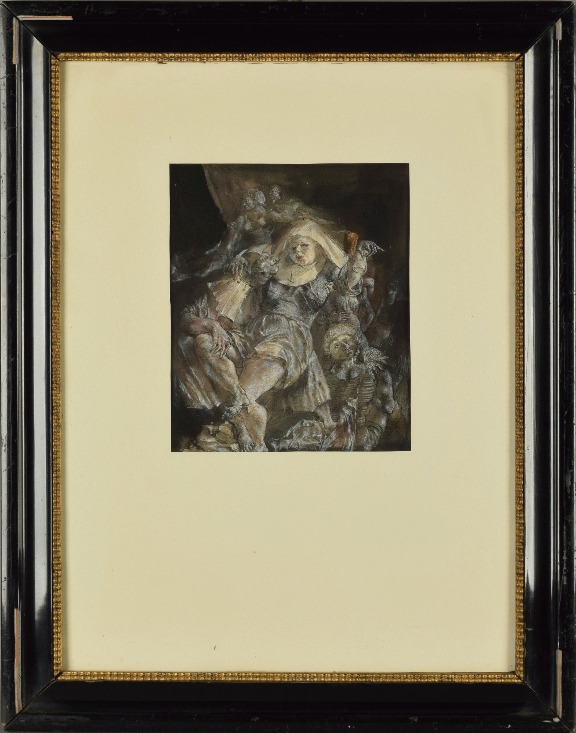 Artwork by Alexandra Müller-Jontschewa, FASTNACHTSZENE, Made of Mischtechnik aus Feder, Aquarell und Deckweiß auf braunem Papier