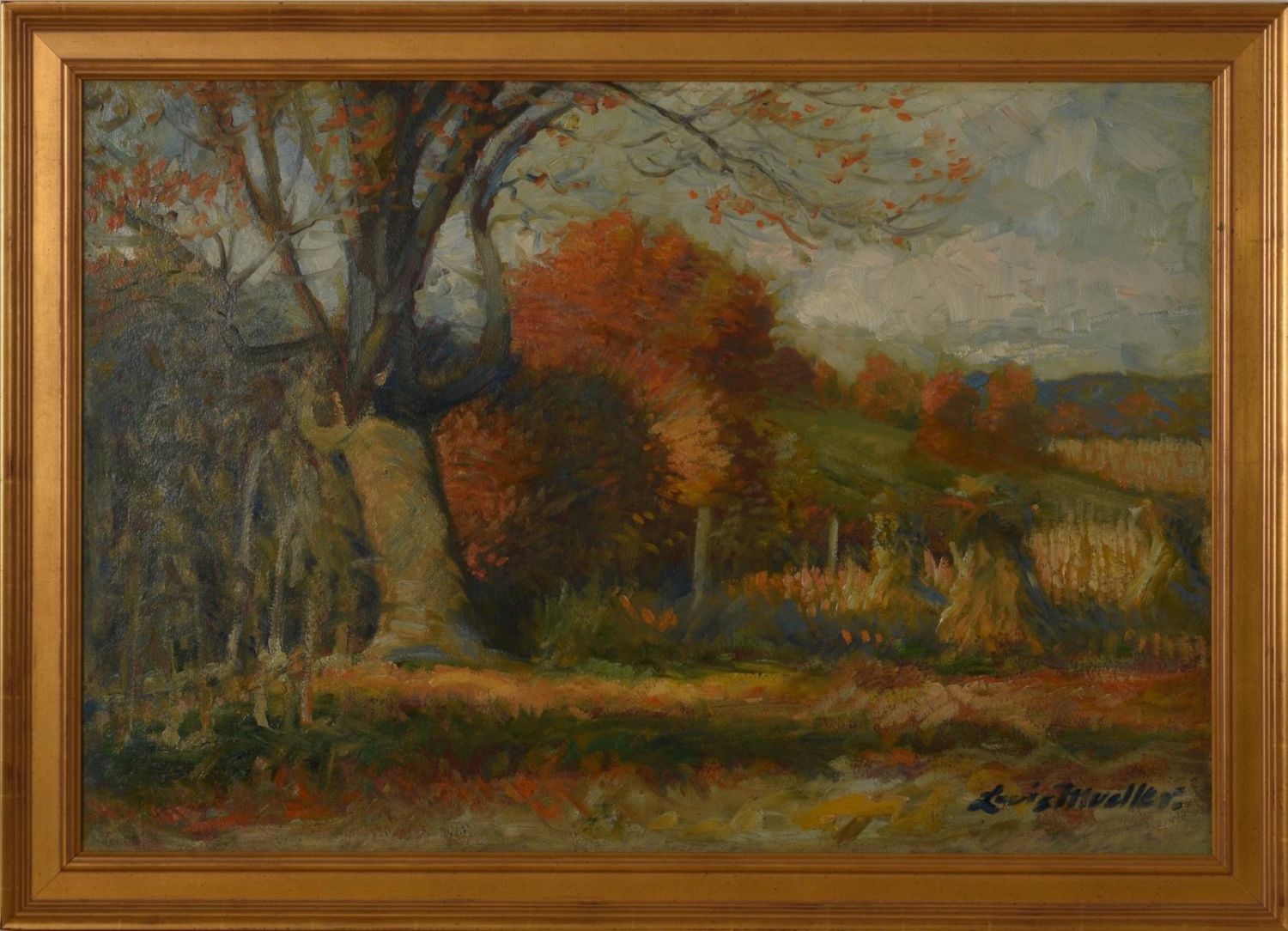 Artwork by Louis F. Mueller, Autumn Landscape With Haystacks, Made of Oil on board
