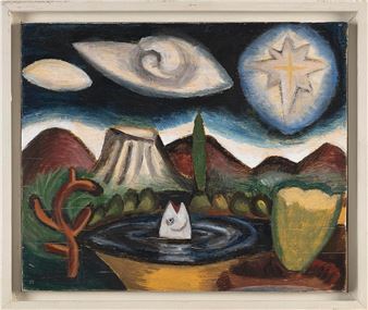 Surrealist mountain landscape with a fish in a central lake. - Polly Burnell