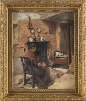 Interior scene with a woman and a cat by the fire. - Ellen Starbuck