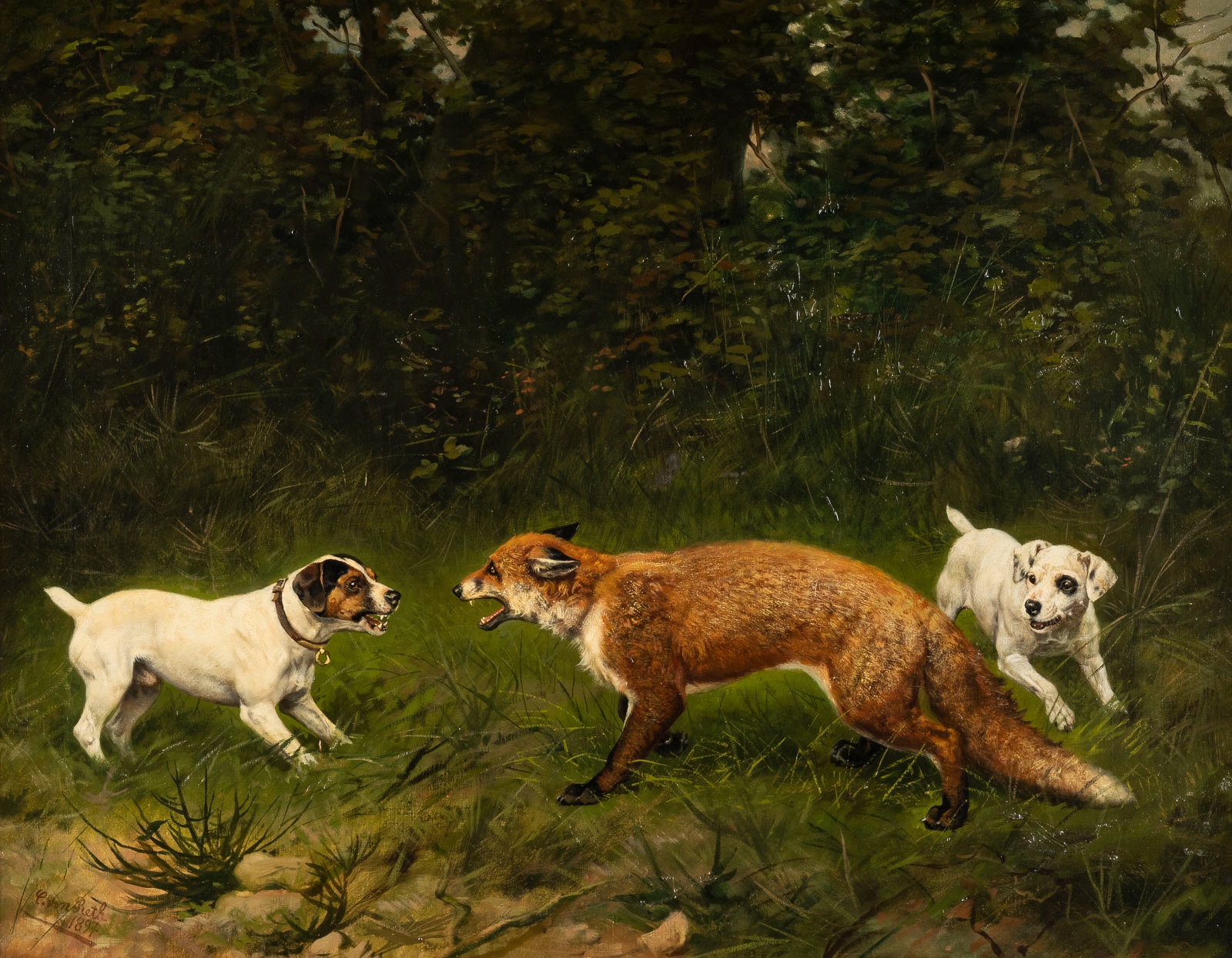 Caspar von Reth | Hunting dogs and a fox (1897) | MutualArt
