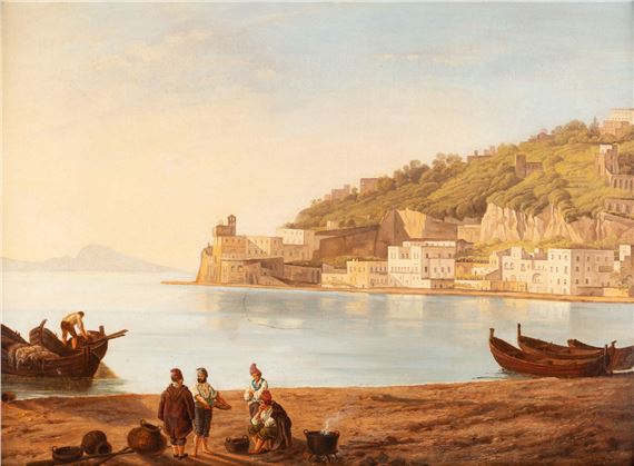 Southern coastal landscape with fishermen and town in the background by Carl Adolf Senff, 1868
