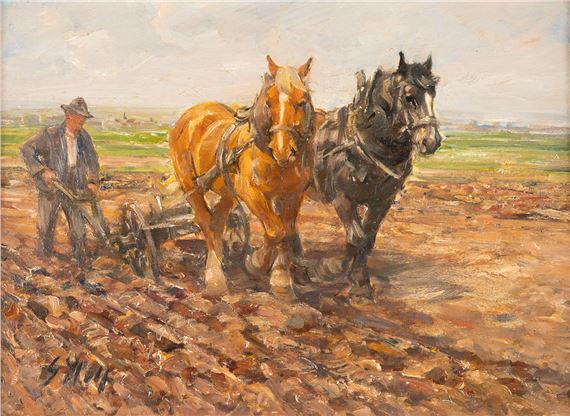 Farmer with horses ploughing by Georg Wolf