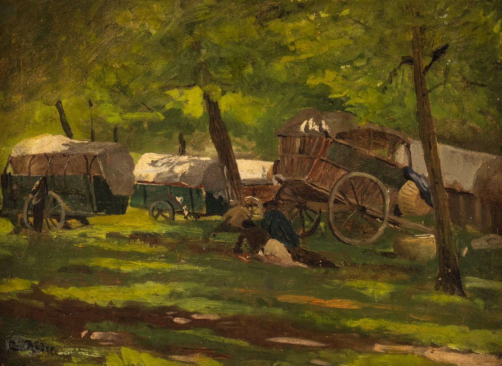 Artwork by Carl Roder, Summer forest with wagons and figures, Made of Oil on wood