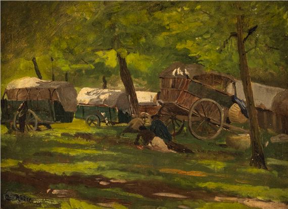 Summer forest with wagons and figures by Carl Roder