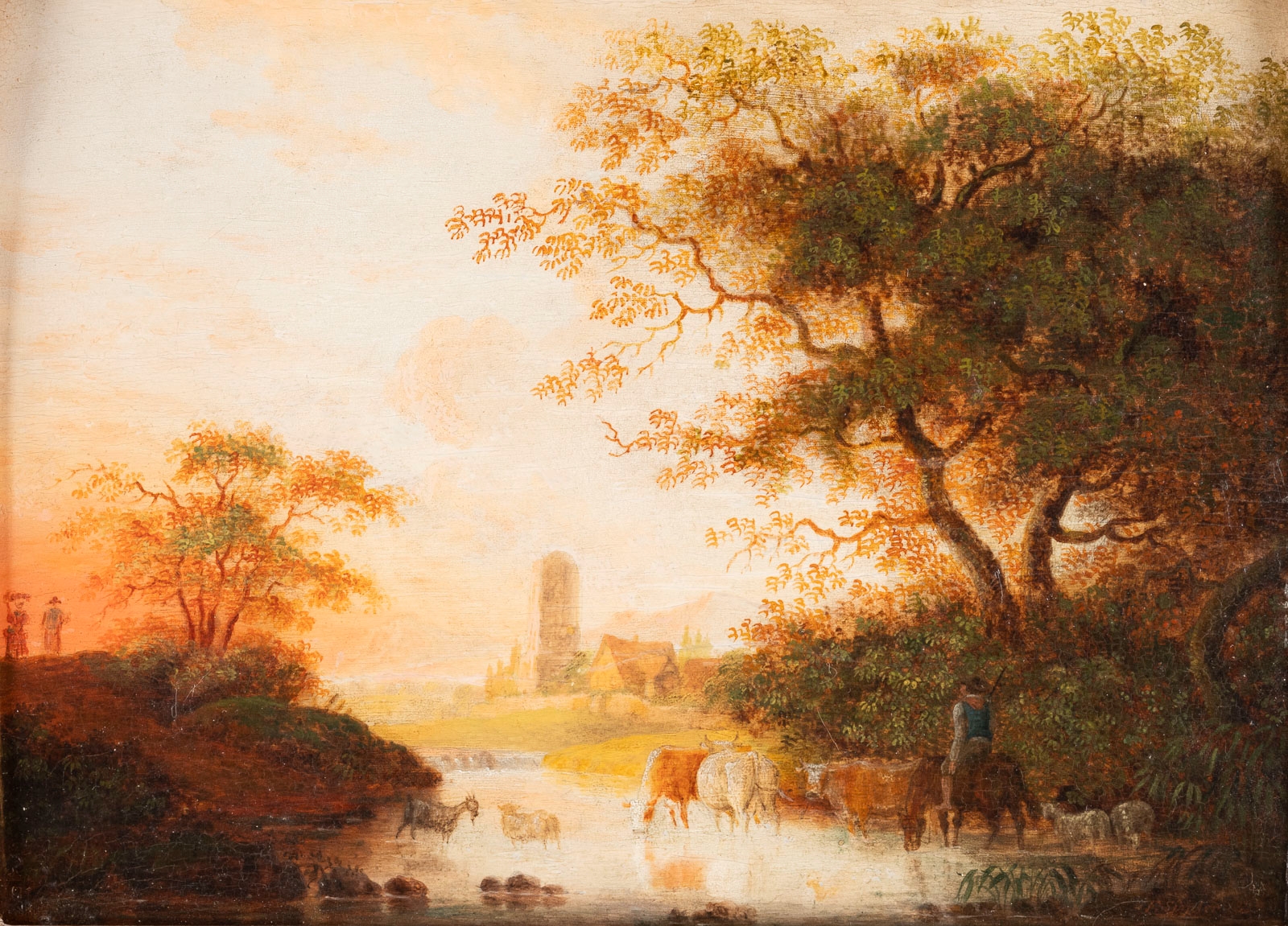 Artwork by F. Simler, Romantic landscape with a shepherd and a flock at a river and a village in the distance (1822), Made of Oil on wood