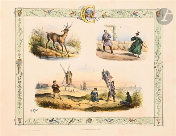 Half calf blue, moiré percaline boards with rich gilt decoration in the center, double gilt fillet in the frame, smooth spine decorated with a large gilt roulette (Period binding)