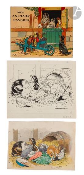 Glossy soft cardboard covers, the first one illustrated in colors on a red background, a dog showman - Jean Matet