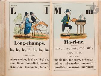 Cardboard covers with ornate frames, the first illustrated with a vignette showing a mother reading to her children (signed Thompson), bookstore catalog on the second - Henri Désiré Porret