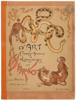 Publisher's cardboard folder, orange morocco paper spine, lithographed illustrations in colors applied on both covers, letters ABC formed by boas and chimpanzees on the first one, chimpanzee on a palette with brushes on the second one, angular closing link of apricot cloth - Miarko