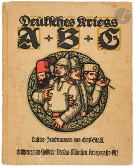Cream percaline boards, first cover illustrated in color, military of Germany's allied nations in a circle - Emile Stahl