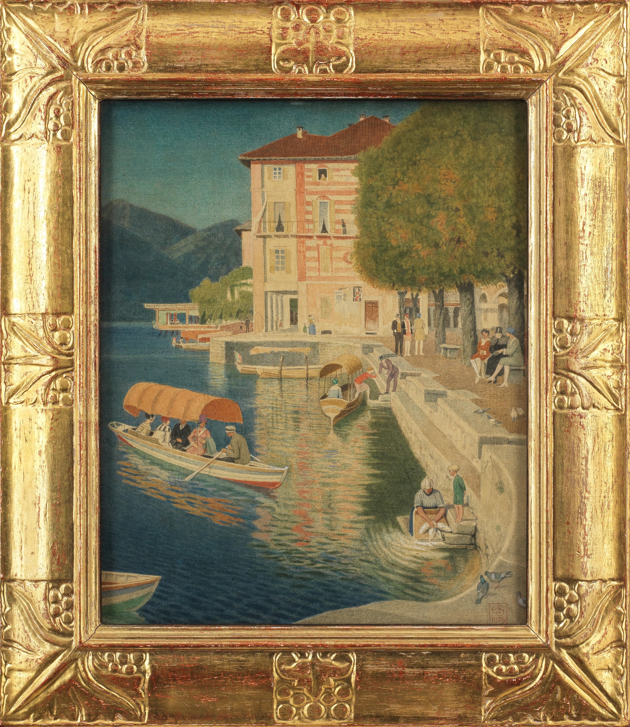 Artwork by Joseph Edward Southall, The Quay, Orta, Made of watercolour on linen