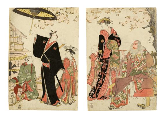 Depicting Ichikawa Yaozo III in the role of Sukeroku from the play "Yukari no Edo-sakura", by Torii Kiyonaga, circa 1784