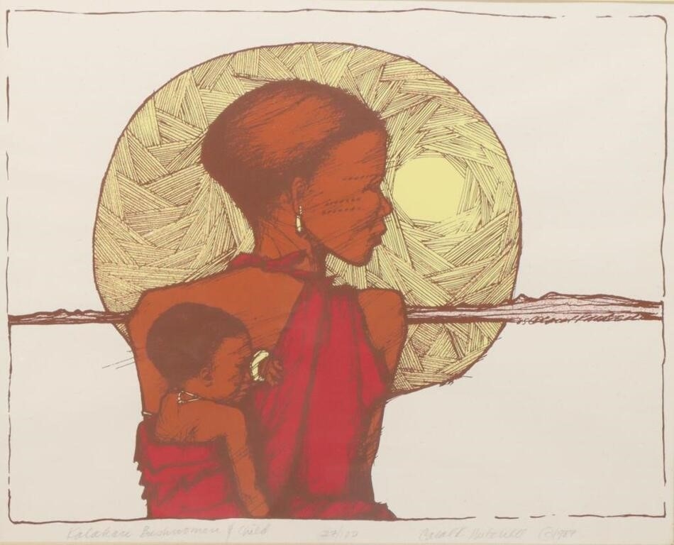 Artwork by Carol Mitchell, Kalahari Bush Woman & Child, Made of Lithograph