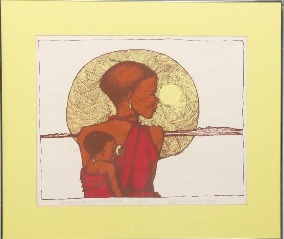 Artwork by Carol Mitchell, Kalahari Bush Woman & Child, Made of Lithograph