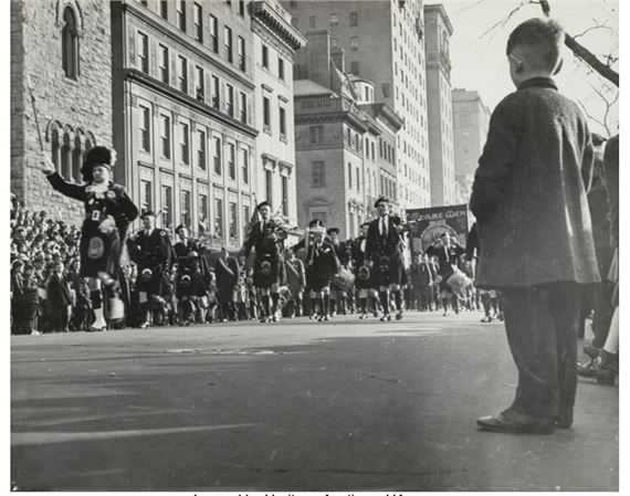 Sledding, NYC; Parade, NYC; Scared African-American Boy held by Smiling Police Officer during a Parade, NYC (3 works) by Arthur Rickerby, 1940s-1950s