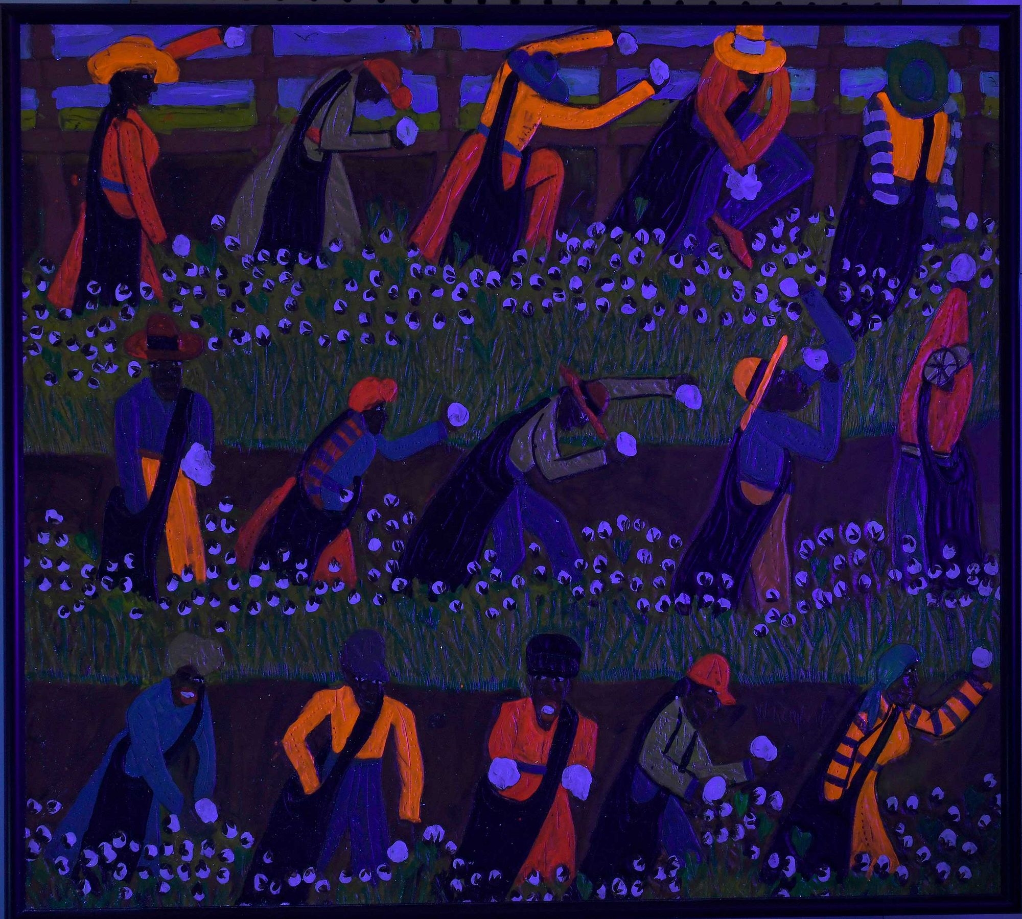 Artwork by Winfred Rembert, Cotton Pickers, Made of dye on carved and tooled leather