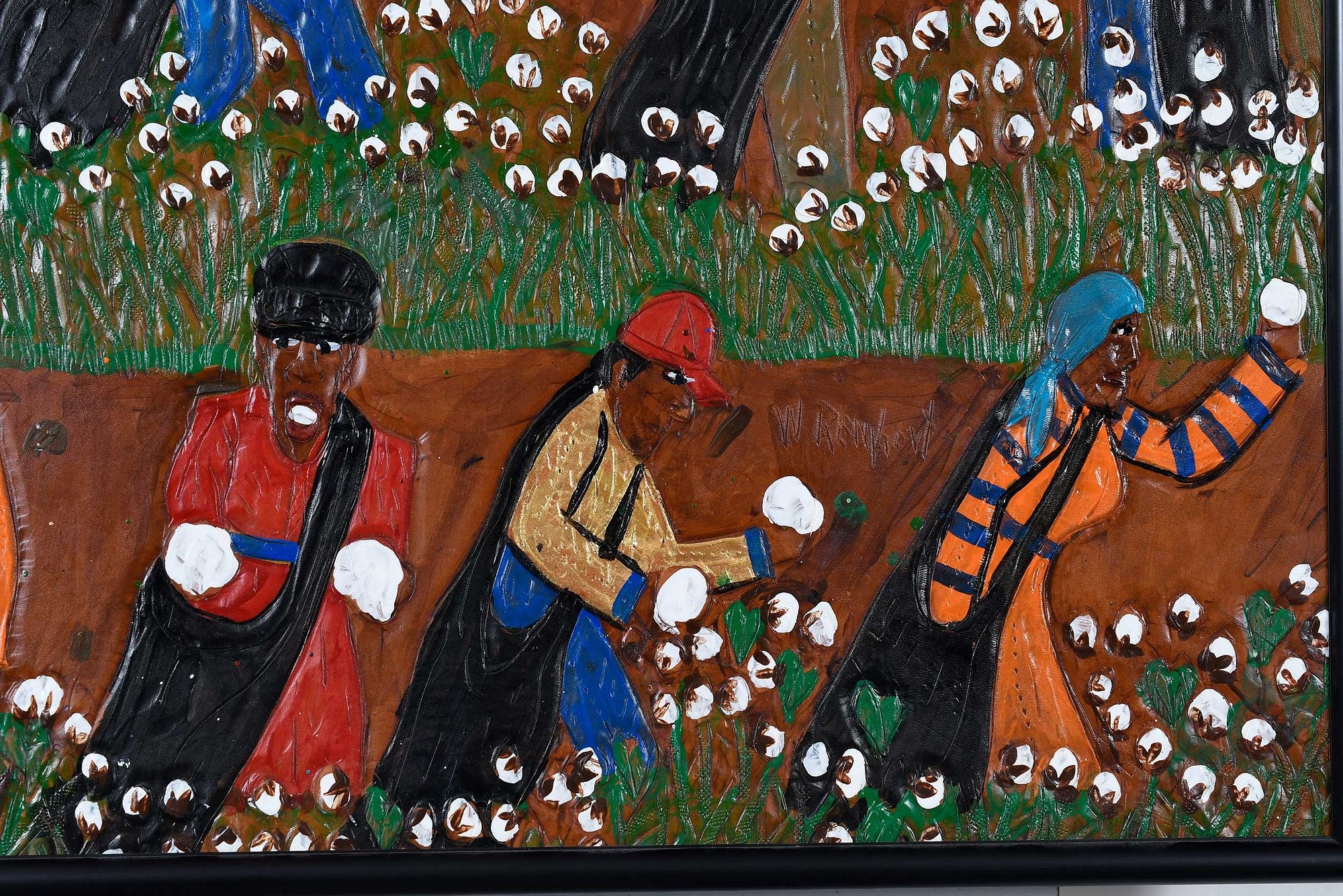 Artwork by Winfred Rembert, Cotton Pickers, Made of dye on carved and tooled leather
