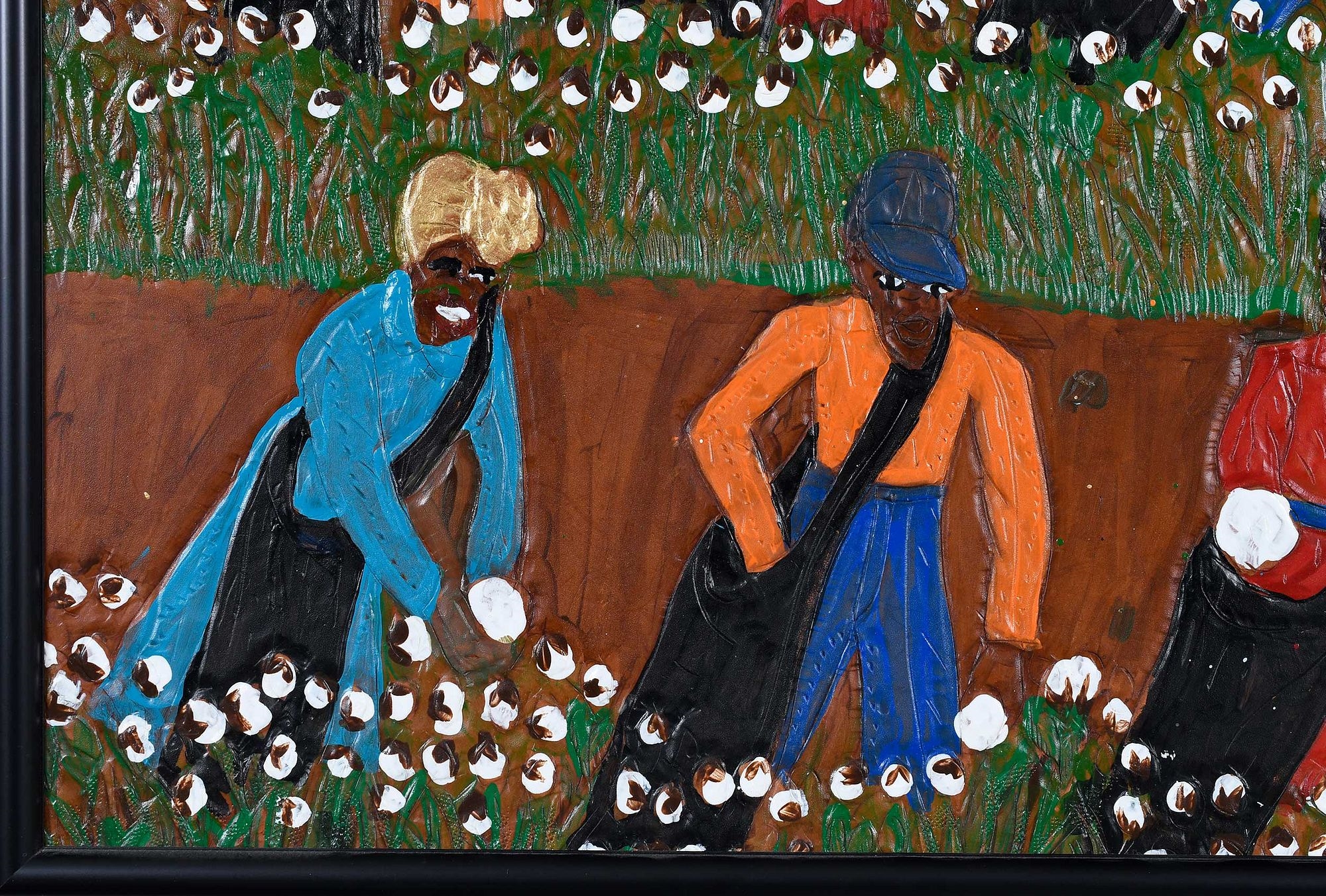 Artwork by Winfred Rembert, Cotton Pickers, Made of dye on carved and tooled leather