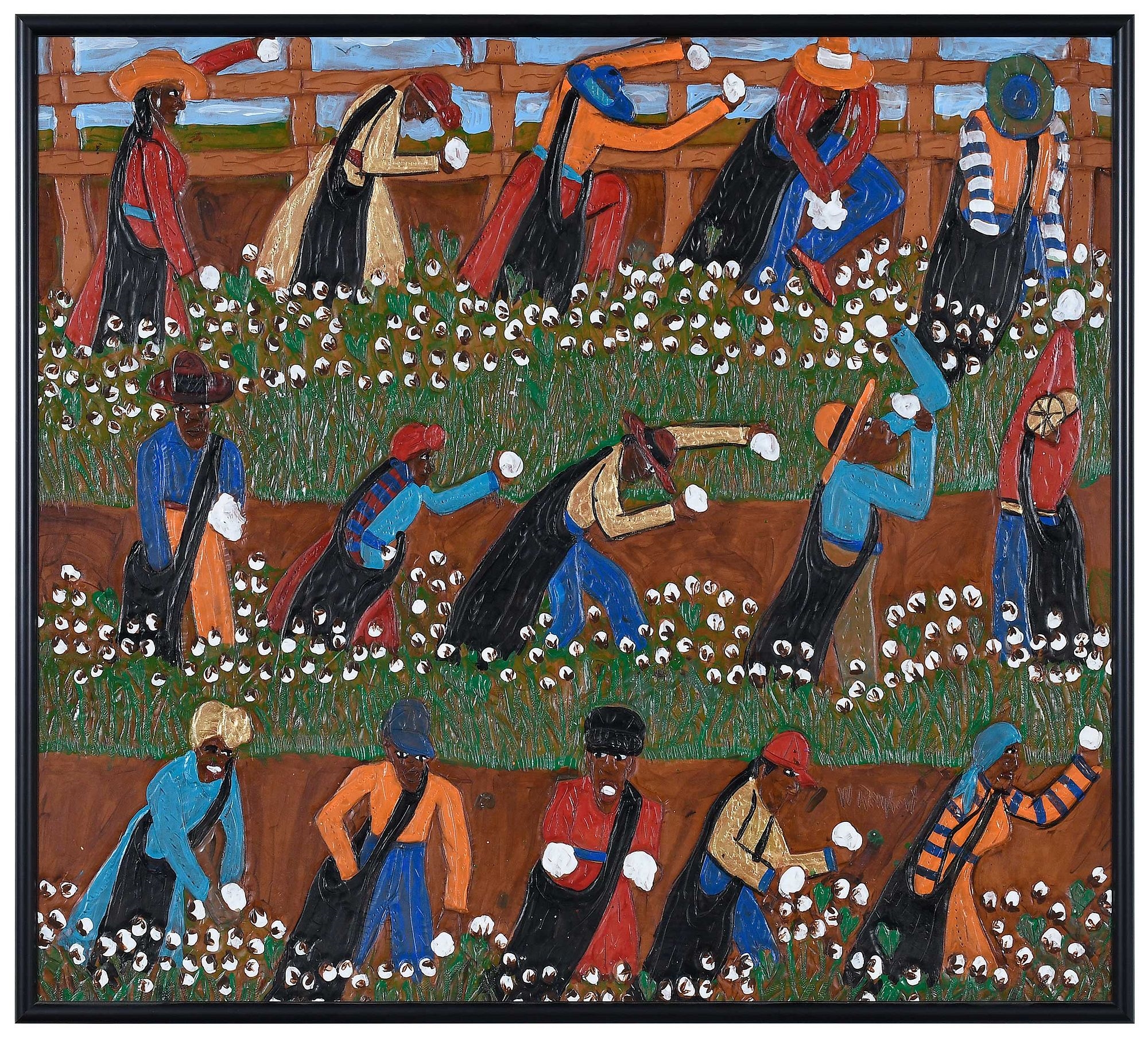 Artwork by Winfred Rembert, Cotton Pickers, Made of dye on carved and tooled leather