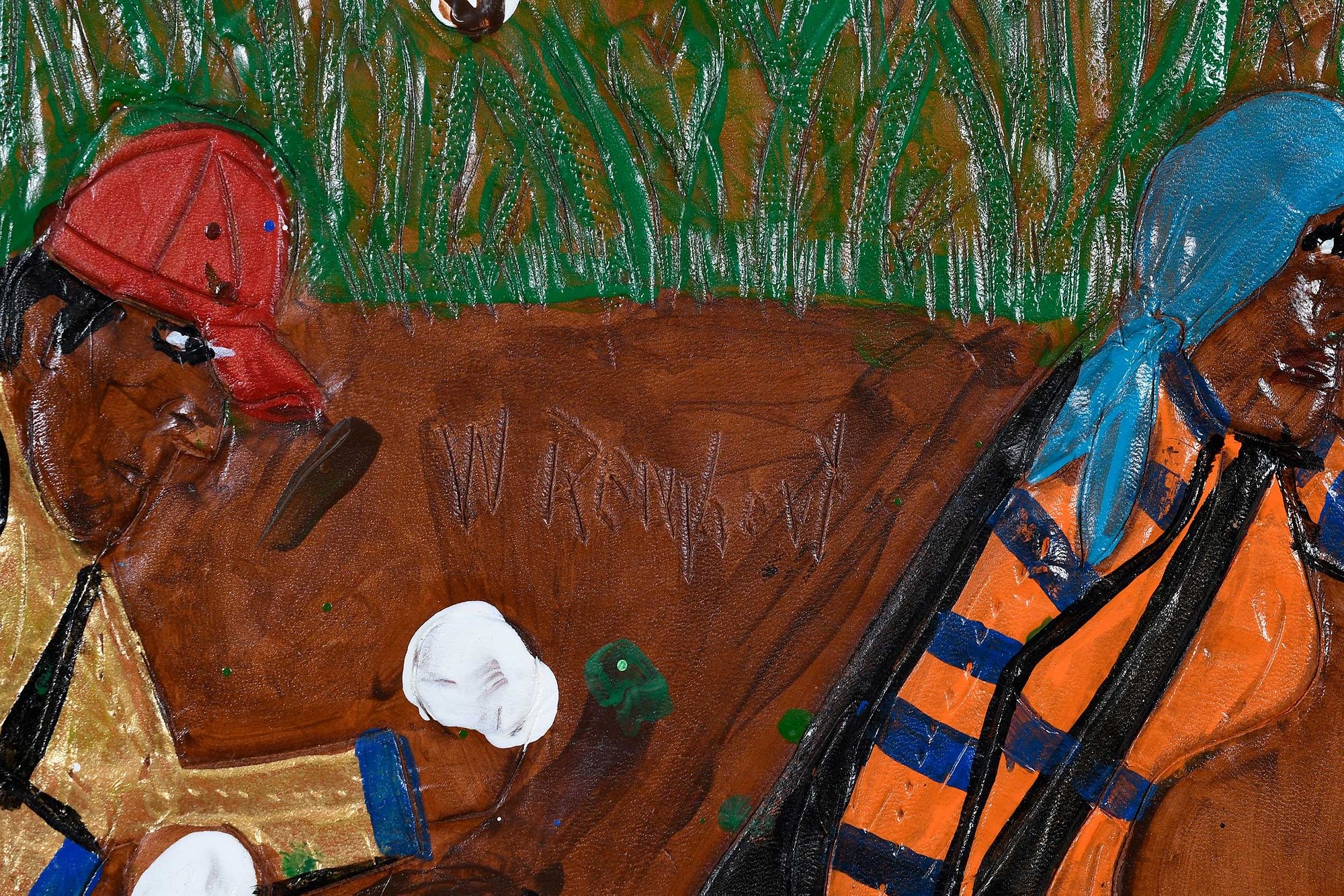 Artwork by Winfred Rembert, Cotton Pickers, Made of dye on carved and tooled leather