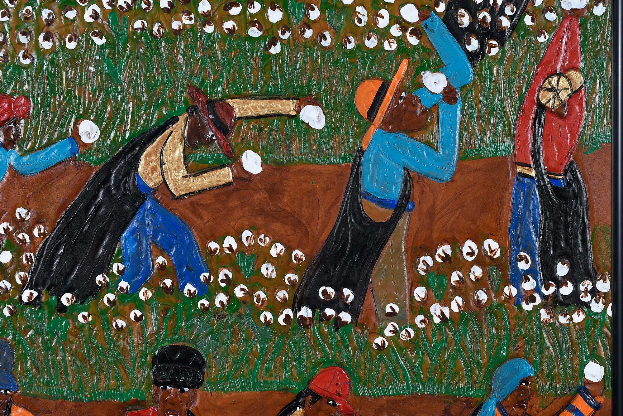 Artwork by Winfred Rembert, Cotton Pickers, Made of dye on carved and tooled leather