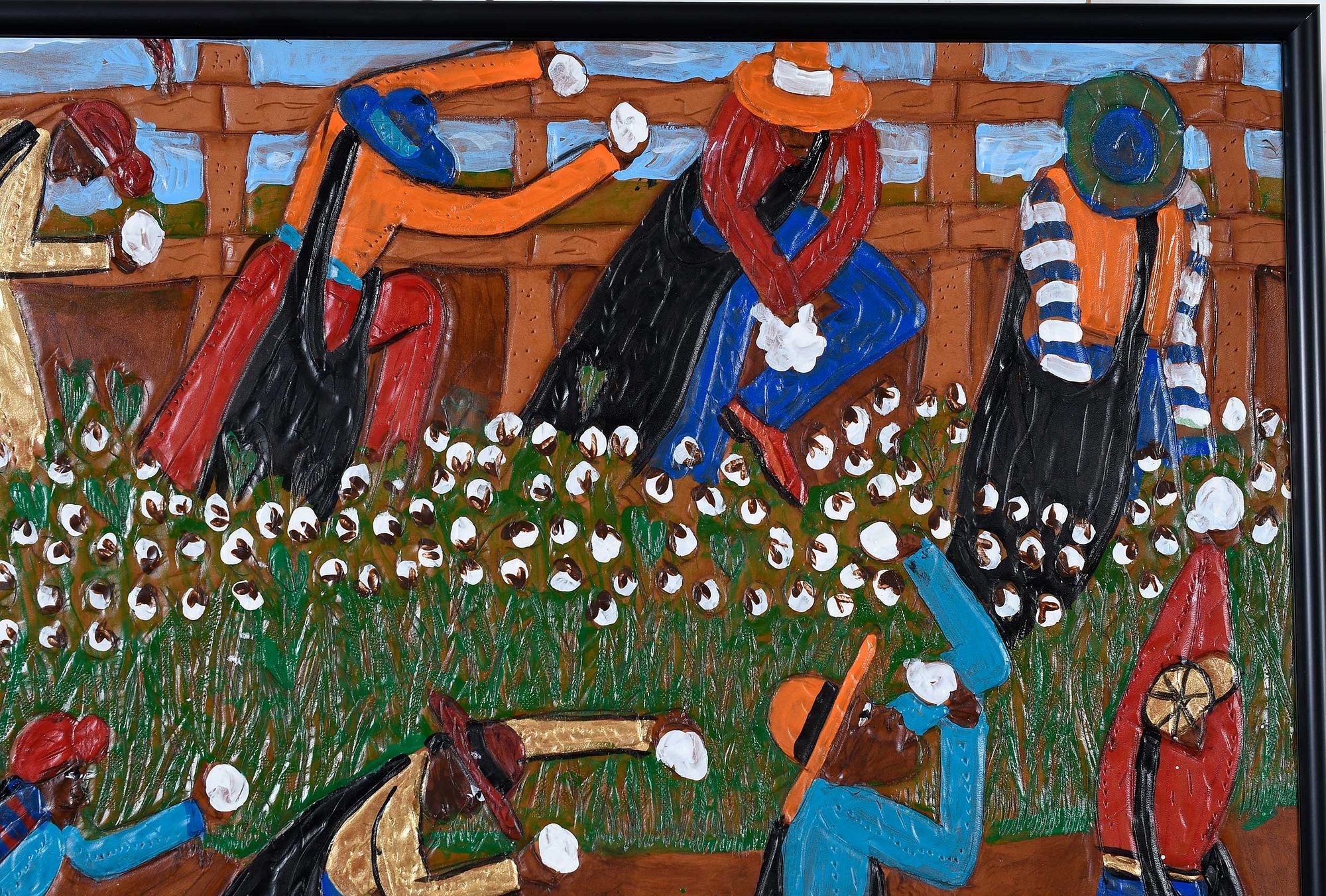 Artwork by Winfred Rembert, Cotton Pickers, Made of dye on carved and tooled leather