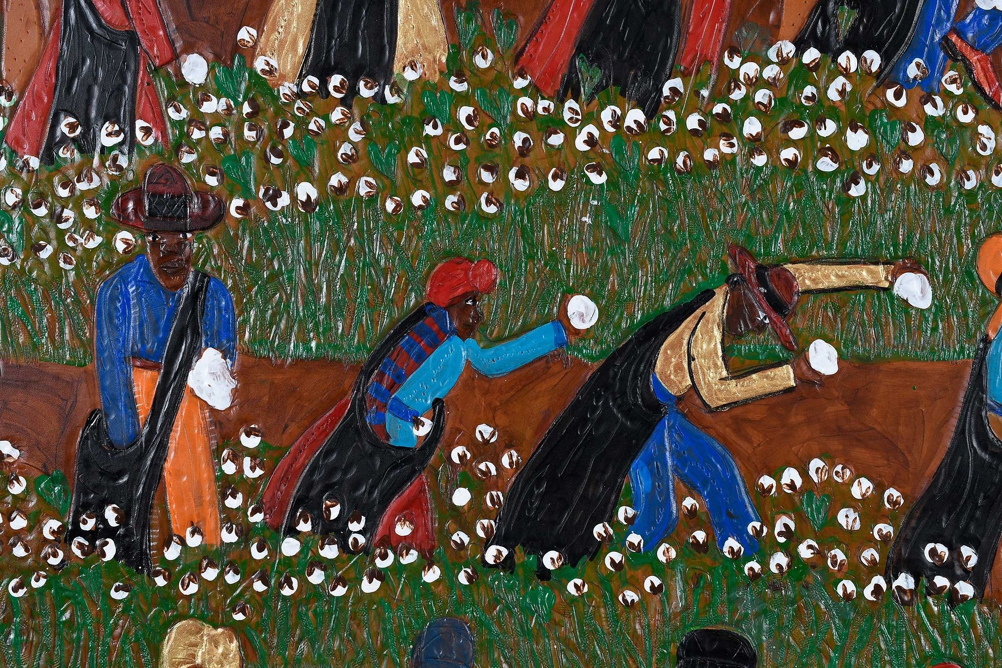 Artwork by Winfred Rembert, Cotton Pickers, Made of dye on carved and tooled leather