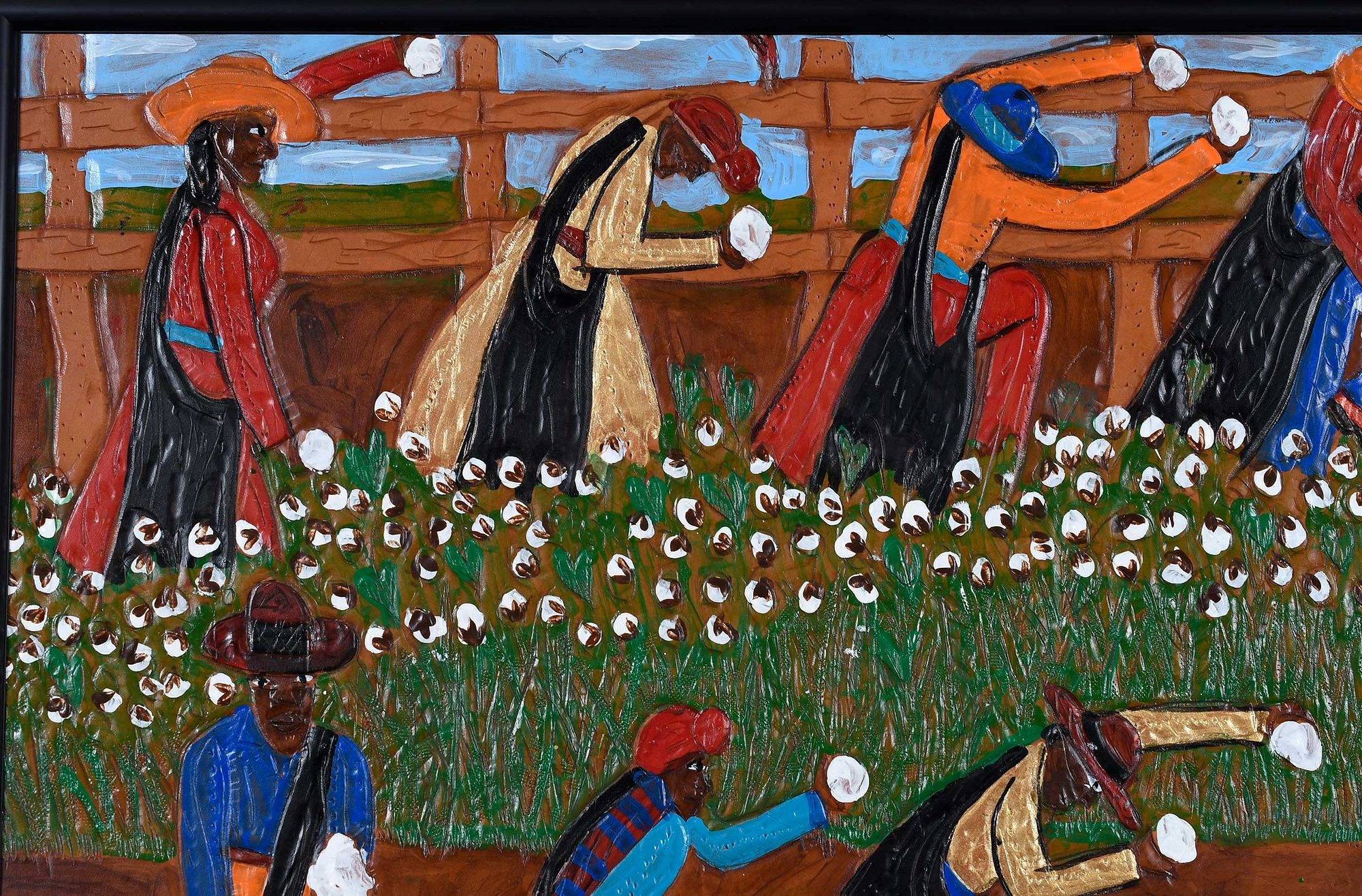 Artwork by Winfred Rembert, Cotton Pickers, Made of dye on carved and tooled leather
